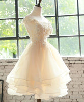 Cute Champagne Organza Layers Knee Length Homecoming Dress with Lace, Short Prom Dress